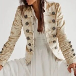 Free People Velvet Military Jacket in Cream Off-White, Size M NWOT